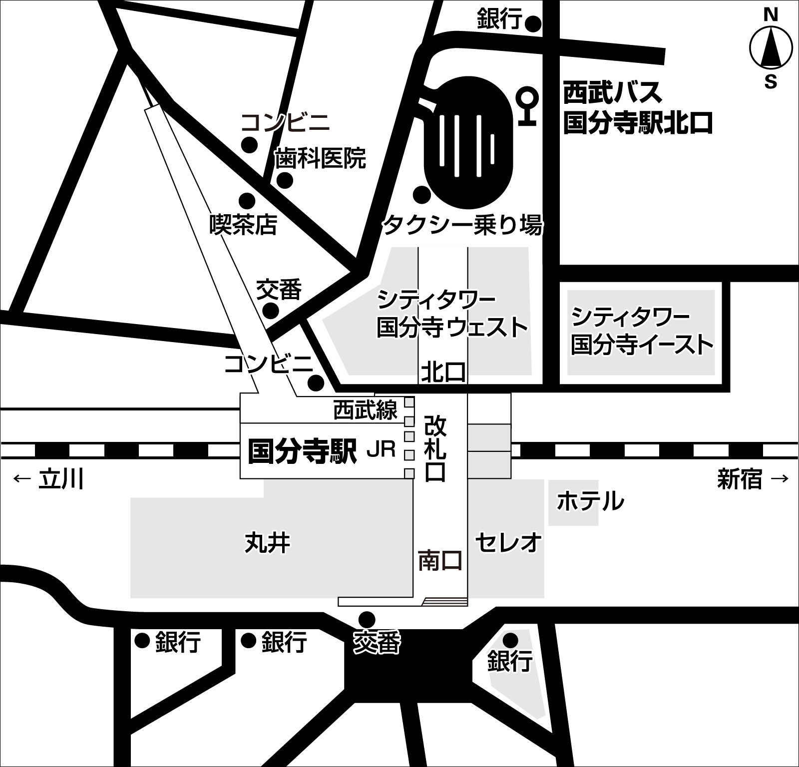 JR国分寺駅（北口）より西武バス乗り場までの道案内図” width=
